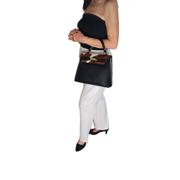 Genuine Charlie Leather "Bellezza" Black with Brown & White Fur Handbag–NWT - Picture 14 of 14